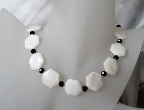White Hexagonal River Shell Beads & Faceted Black Crystals Handmade Necklace