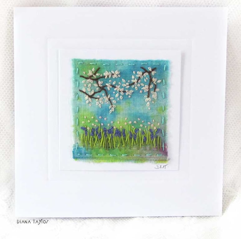 HAND EMBROIDERED GREETING CARD BLUEBELLS & BLOSSOM