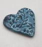 Medium Petrol Blue Leaf Texture Heart Shaped Ceramic Pendant - Image 2