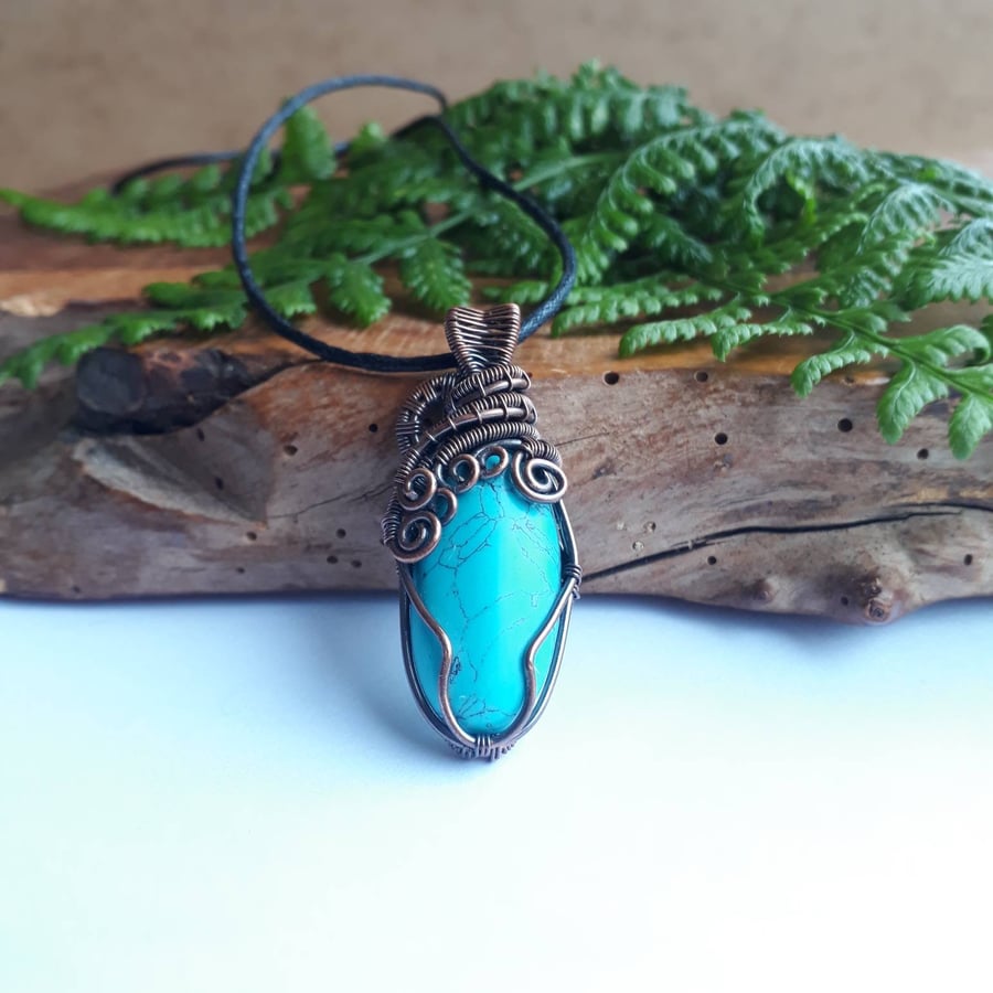 Turquoise Pendants, Copper wire wrap pendant necklace, gifts for men and women