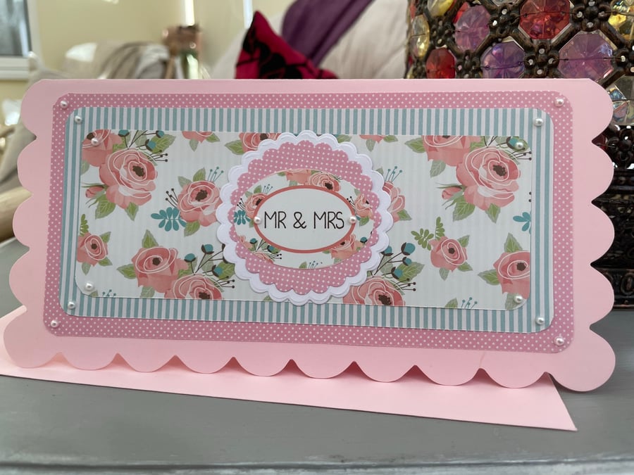 Mr & Mrs Stripes and floral wedding card.