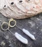  Silver Circle Stud Earrings with Biwa Pearl Drop