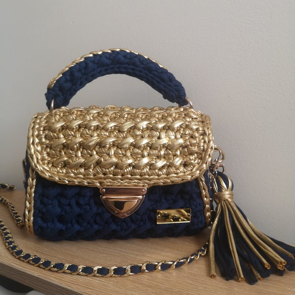 Gold and navy crochet bag 