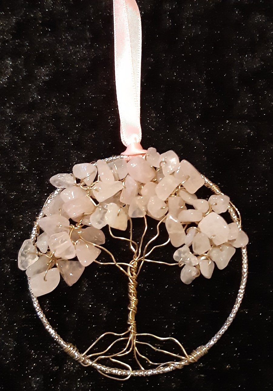Rose quartz  Crystal tree of life bangle hangers on a ribbon 