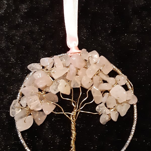 Rose quartz  Crystal tree of life bangle hangers on a ribbon 