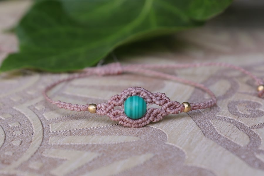 Delicate bracelet with natural stone malachite , bohemian style 