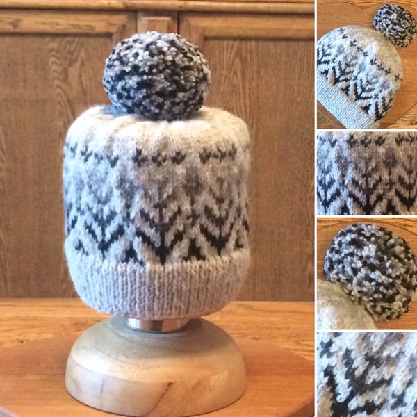 Luxury Pure Wool Fair Isle Beanie with med close-cut Pom Pom