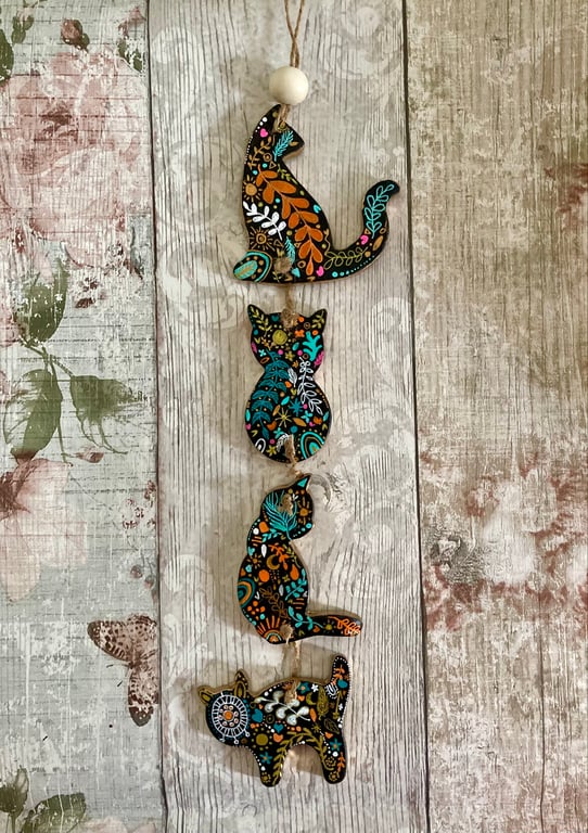  Boho Cats Wall Hanging Decoration Hand Painted Handmade Clay Cats
