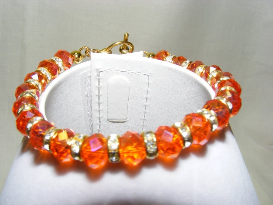 Orange Crystal and Crystal Rhinestone Rondelle Bracelet