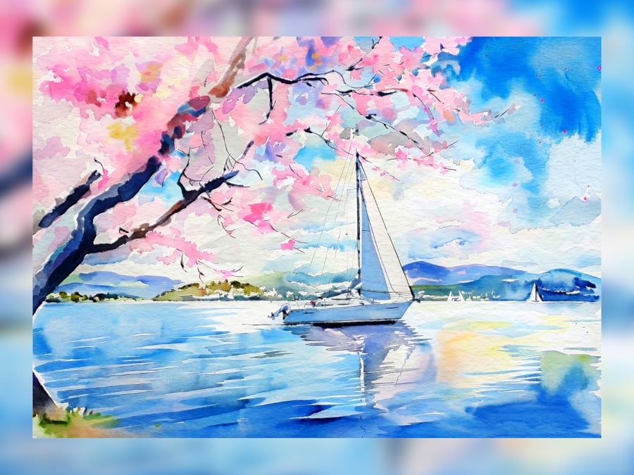 Sailboat Serenity on a Tranquil Lake, Watercolor Landscape 5"x7" Matte Print 