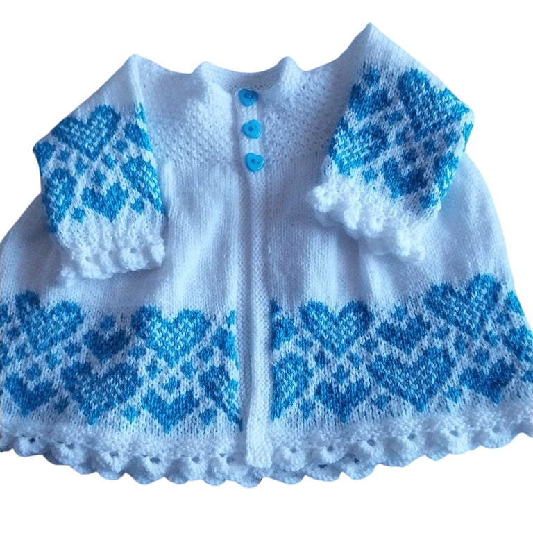Hand Knitted Baby Cardigan, White with Blue Sparkly Hearts, 0-3 Months