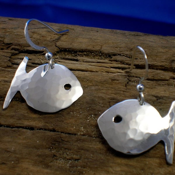 Fish Earrings, Sterling Silver, Fish Jewellery, Handmade, Silver fish, Hammered 