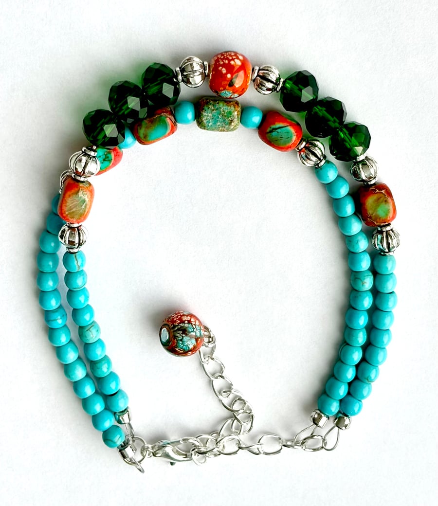 Turquoise & Orange Boho Style Double Brand Bracelet
