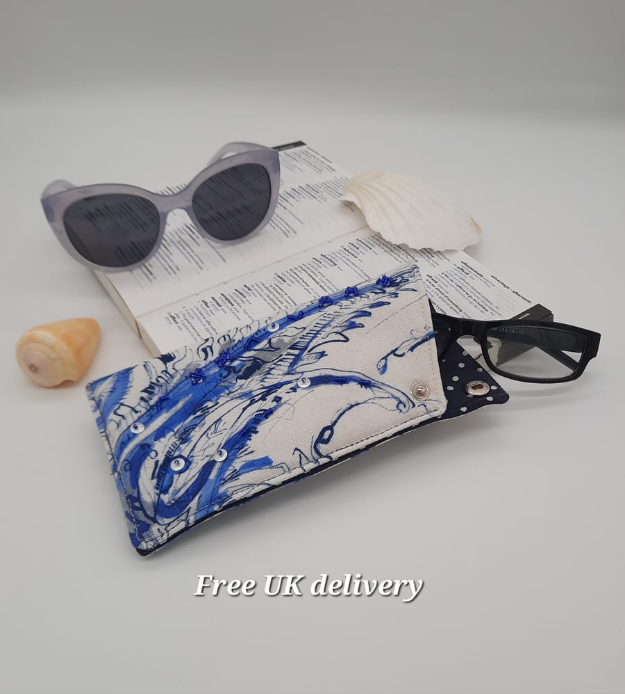 Glasses case blue and white themed with sequin beading  