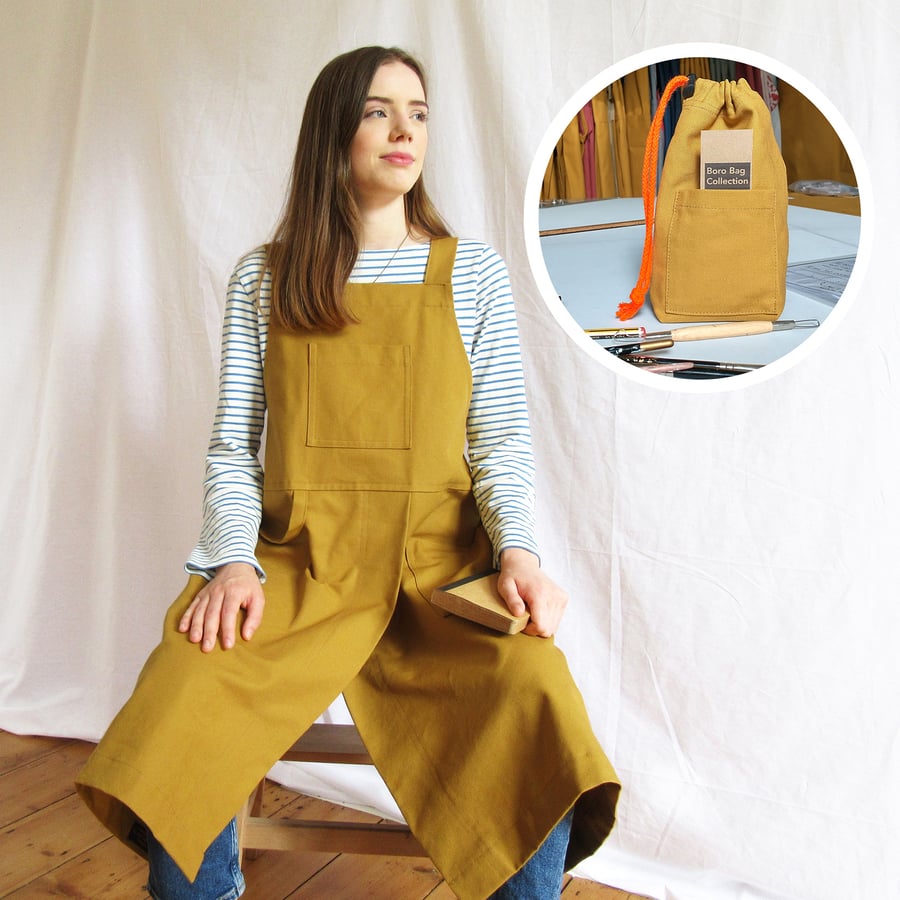 Ochre Canvas Split Leg Work Apron AND Matching Tool Pouch Bag No4:5 & 004 bag