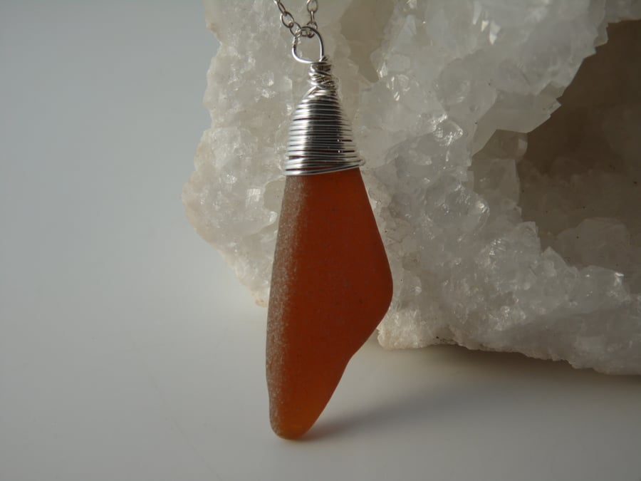 Light Amber, Pointed Cornish Sea Glass Necklace, Sterling Silver N583