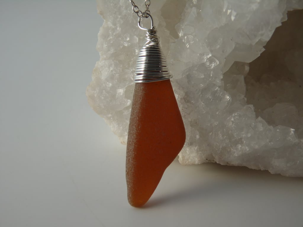 Light Amber, Pointed Cornish Sea Glass Necklace, Sterling Silver N583