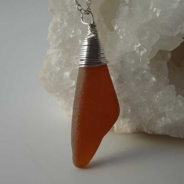 Light Amber, Pointed Cornish Sea Glass Necklace, Sterling Silver N583