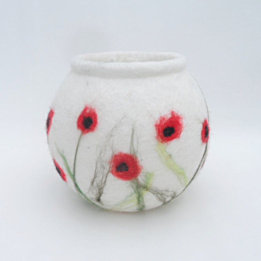 Hand Felted Planter or Vase, white with poppy decoration