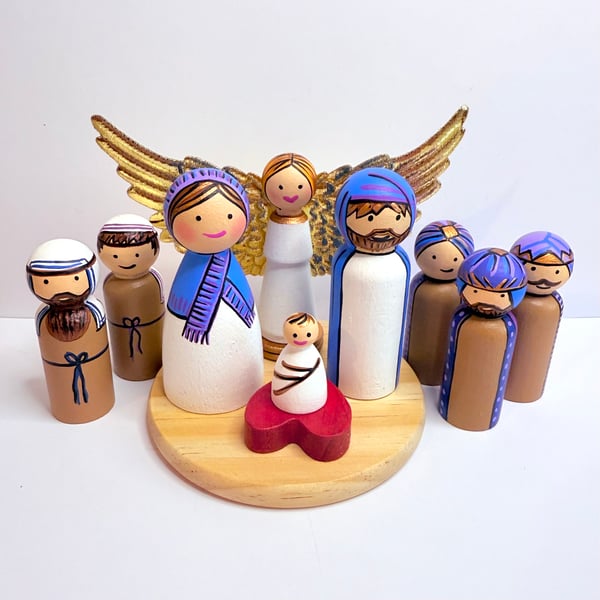 Colourful Blue scandi style Christmas Nativity Set with Shepherds and Kings