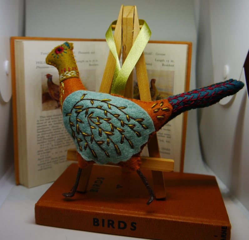 Pheasant felt  hand embroidered decoration Garden bird range.   