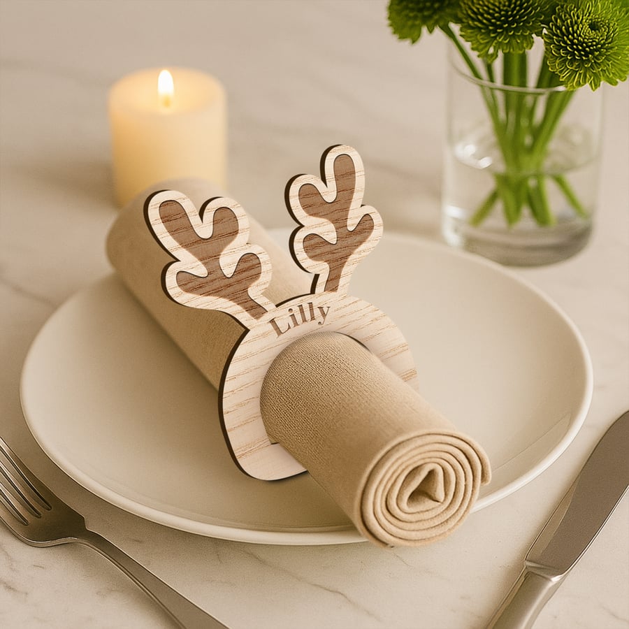 Personalised Wooden Antlers Napkin Ring: Custom Christmas Name Place Setting