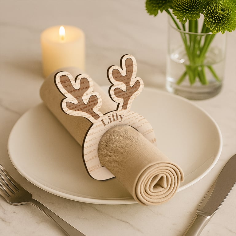 Personalised Wooden Antlers Napkin Ring: Custom Christmas Name Place Setting