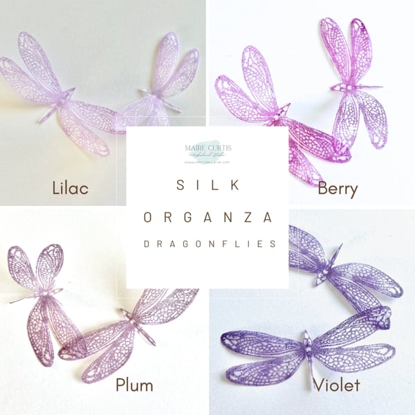 Hand printed Dragonflies in silk organza Violet shades