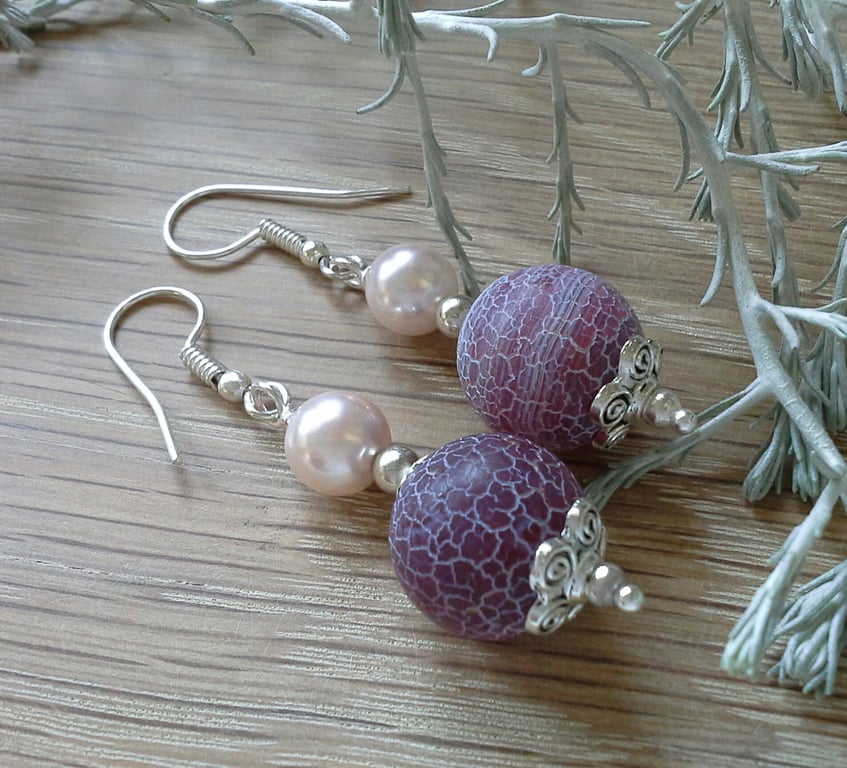 Deep Pink Crackle Agate & Shell Pearl Tibetan Silver & Silver Plate Earrings
