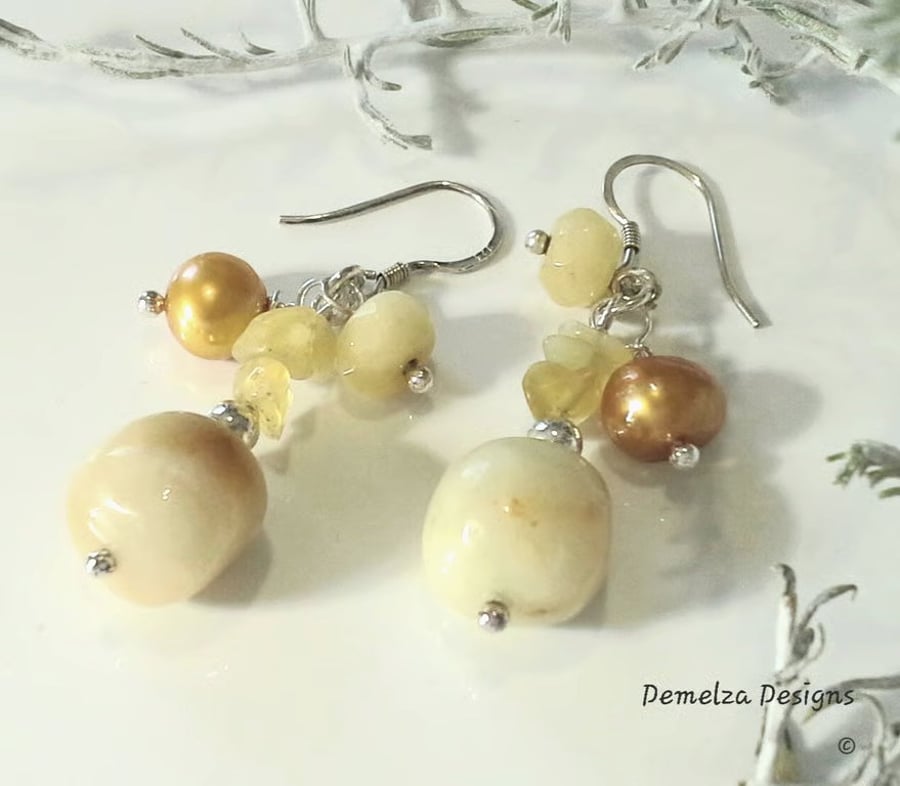 Cluster Yellow Opal, Yellow Jade, Agate, Flourite 925 Silver Earrings 