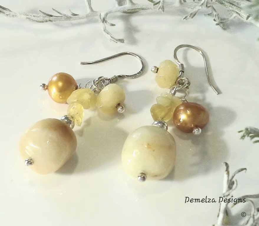 Cluster Yellow Opal, Yellow Jade, Agate, Flourite 925 Silver Earrings 