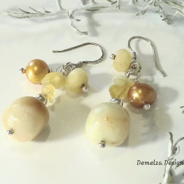 Cluster Yellow Opal, Yellow Jade, Agate, Flourite 925 Silver Earrings 