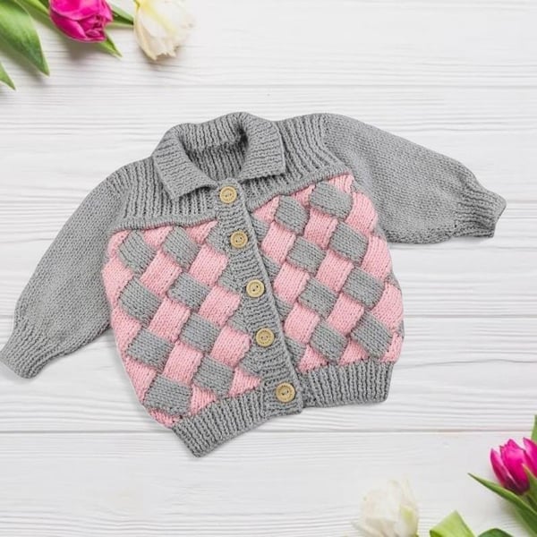 Hand Knitted Baby Cardigan Pink and Grey Woven Design 3 to 6 Months