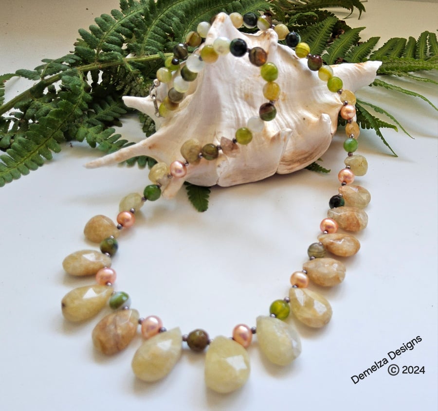 Designer Faceted Helidore, Agate & Cultured Pearls Necklace 925 Sterling Silver.