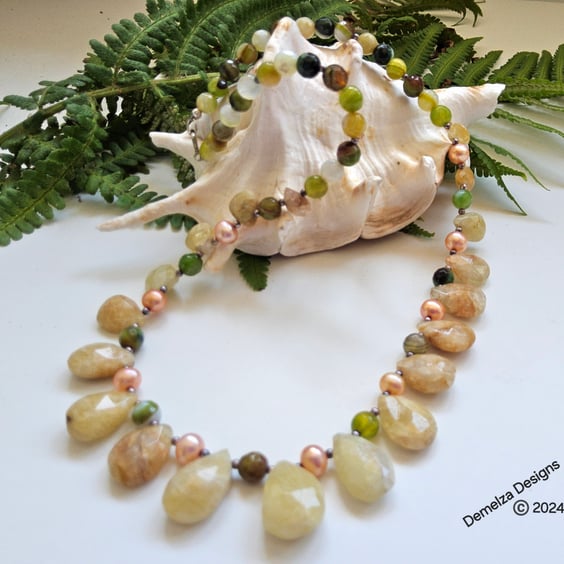Designer Faceted Helidore, Agate & Cultured Pearls Necklace 925 Sterling Silver.