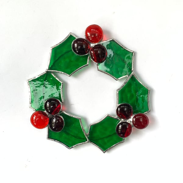 Holly Wreath Stained Glass Christmas Decoration - Handmade - Xmas Green