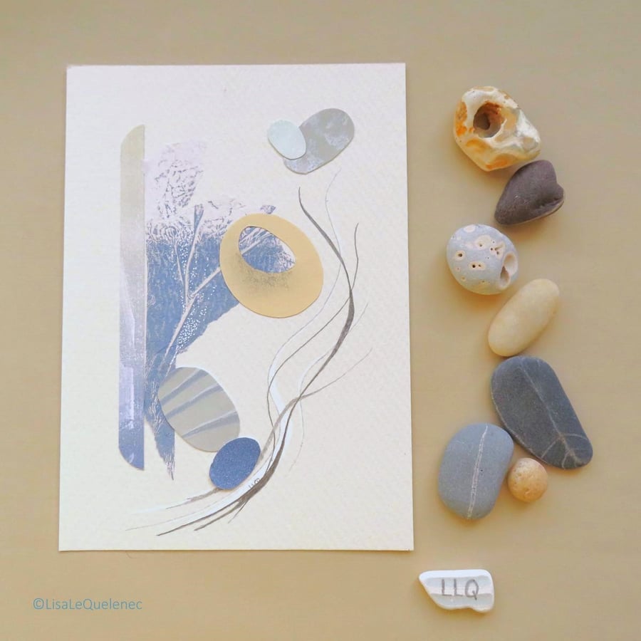 Original collage and mixed media abstract pebbles on the shore portrait format
