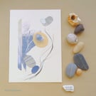 Original collage and mixed media abstract pebbles on the shore portrait format