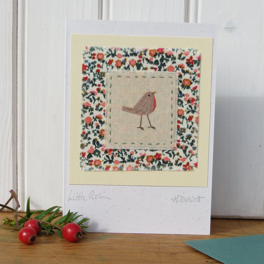 Little Robin hand-stitched card, fine embroidery, hand-dyed fabrics.