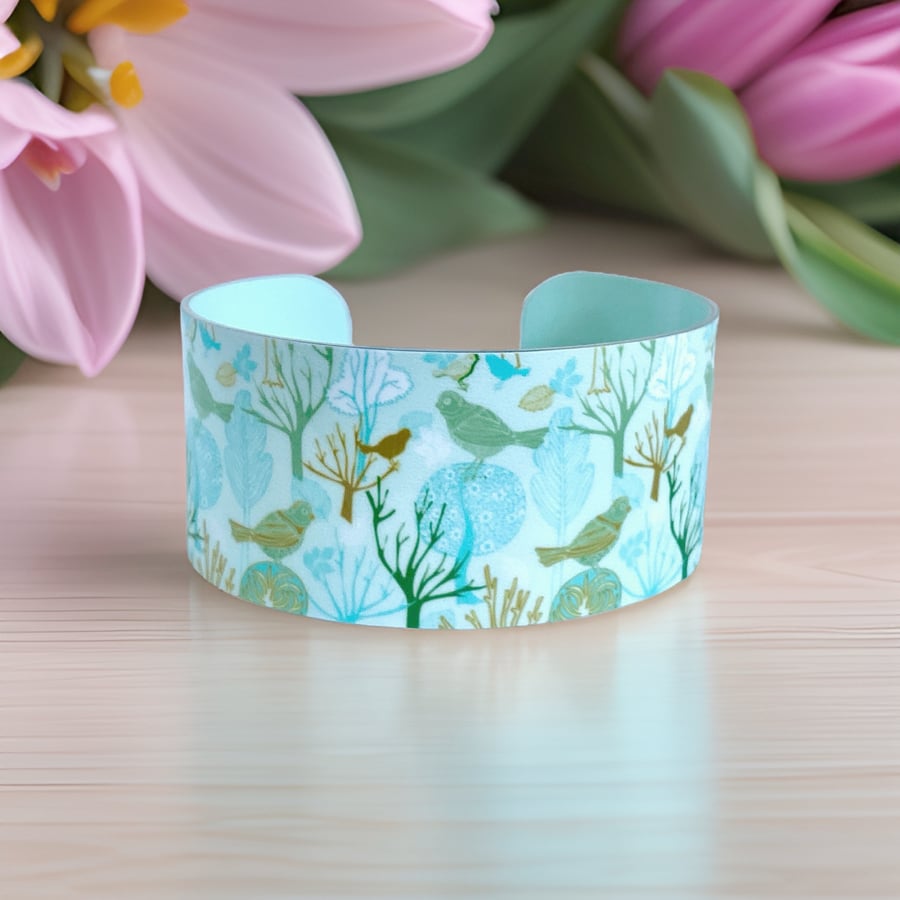SALE: Birds wide cuff bracelet, mint green metal bangle. Perfectly imperfect