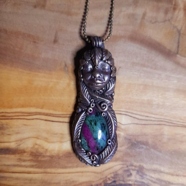 Ruby Zoisite and Polymer Clay Goddess Amulet Pendant 