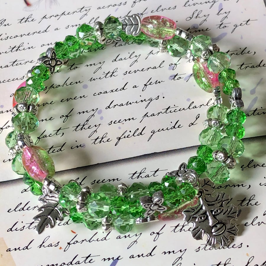 The Green Man Pink and Green Beaded Wrap Bracelet