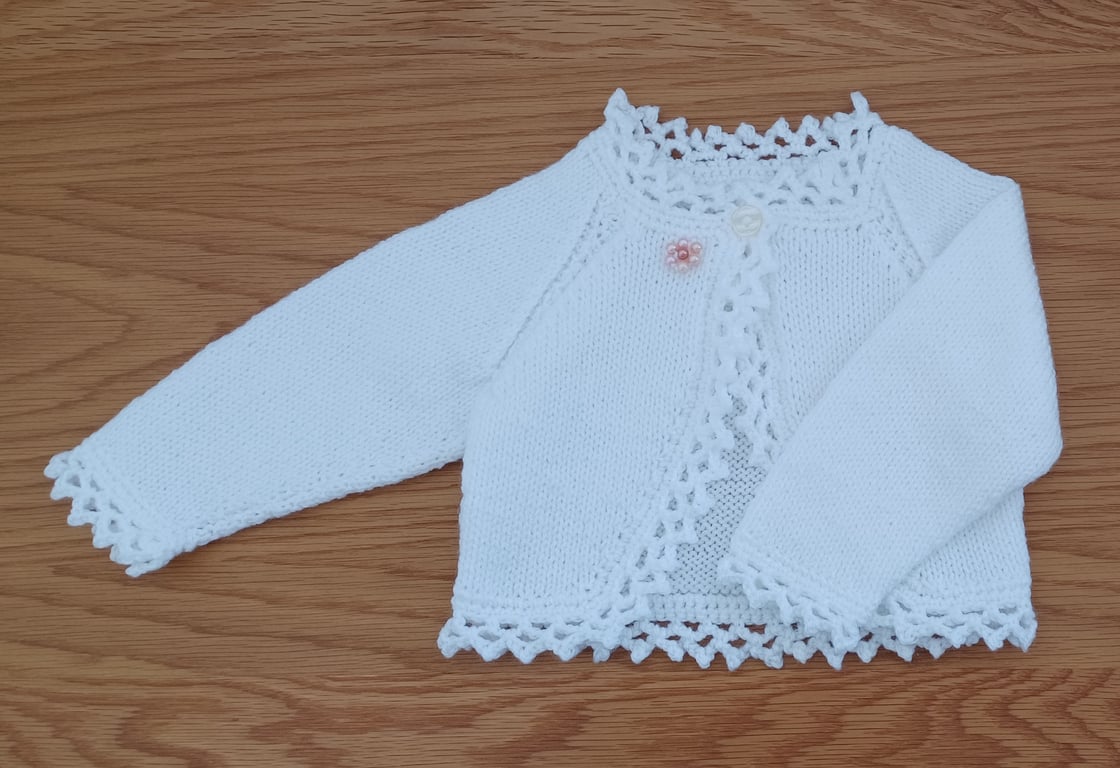 Hand Knitted And Crochet Pure White Cardigan For 3 - 6 Months (J57)