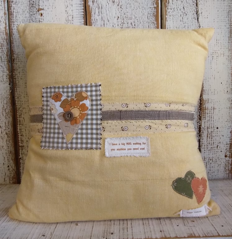 Handmade Patchwork Cushion, Rustic Cottage Decor Pillow, Heart Appliqué Cushion