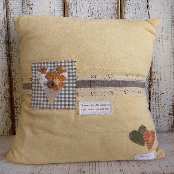 Handmade Patchwork Cushion, Rustic Cottage Decor Pillow, Heart Appliqué Cushion