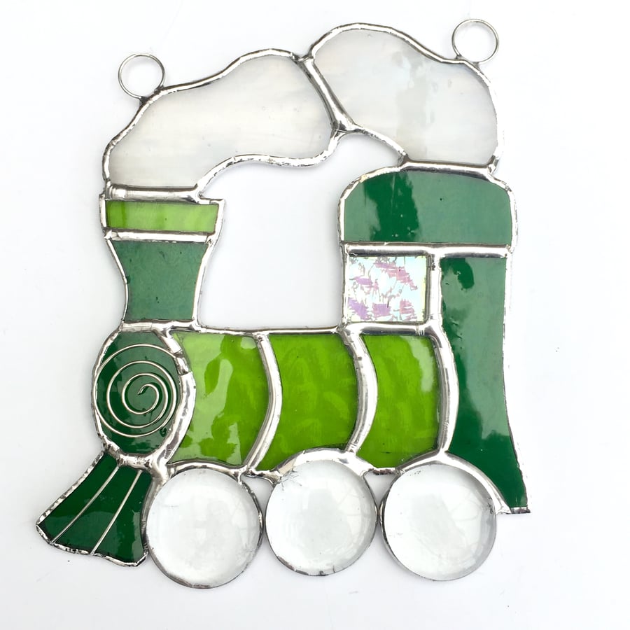 Stained Glass Train Suncatcher - Handmade Hanging Decoration - Green