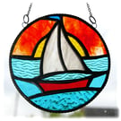Sailboat Sunset Stained Glass Suncatcher Handmade Ring 027