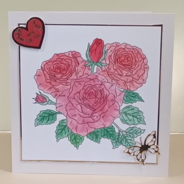 Birthday,  Valentines Day or Anniversary Card,  Red Roses Just For You