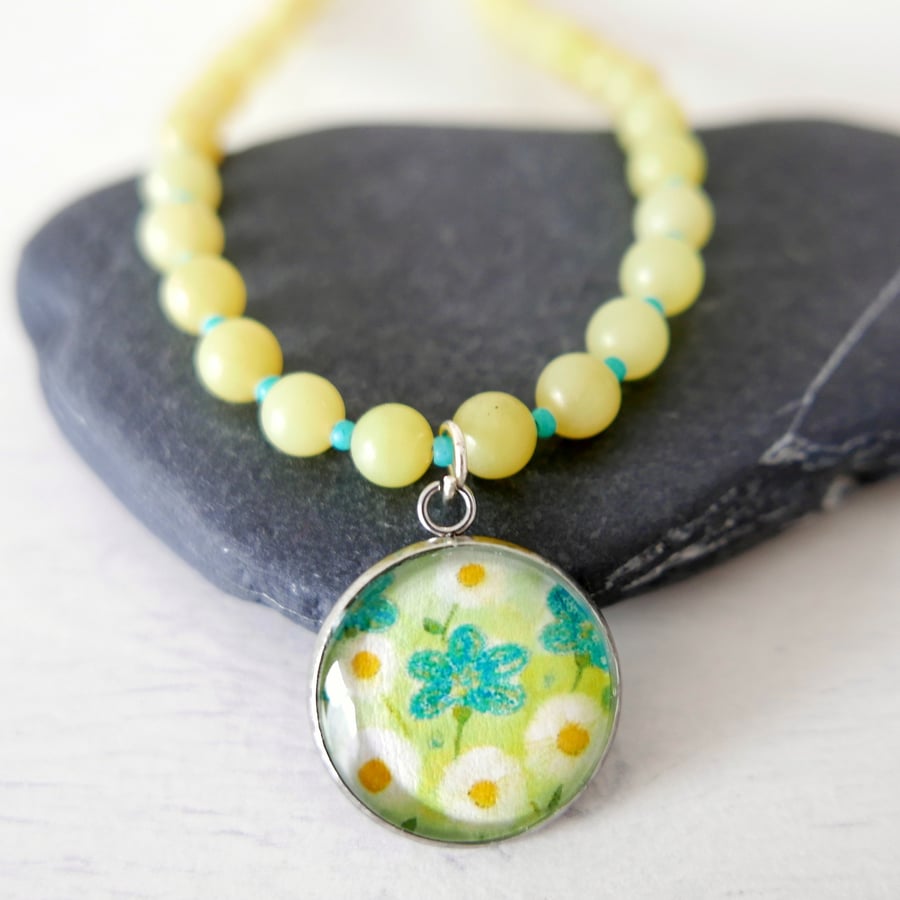 Lime Green Pendant necklace with Daisy Art Print and Jade 