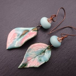 pink and turquoise ceramic leaf earrings